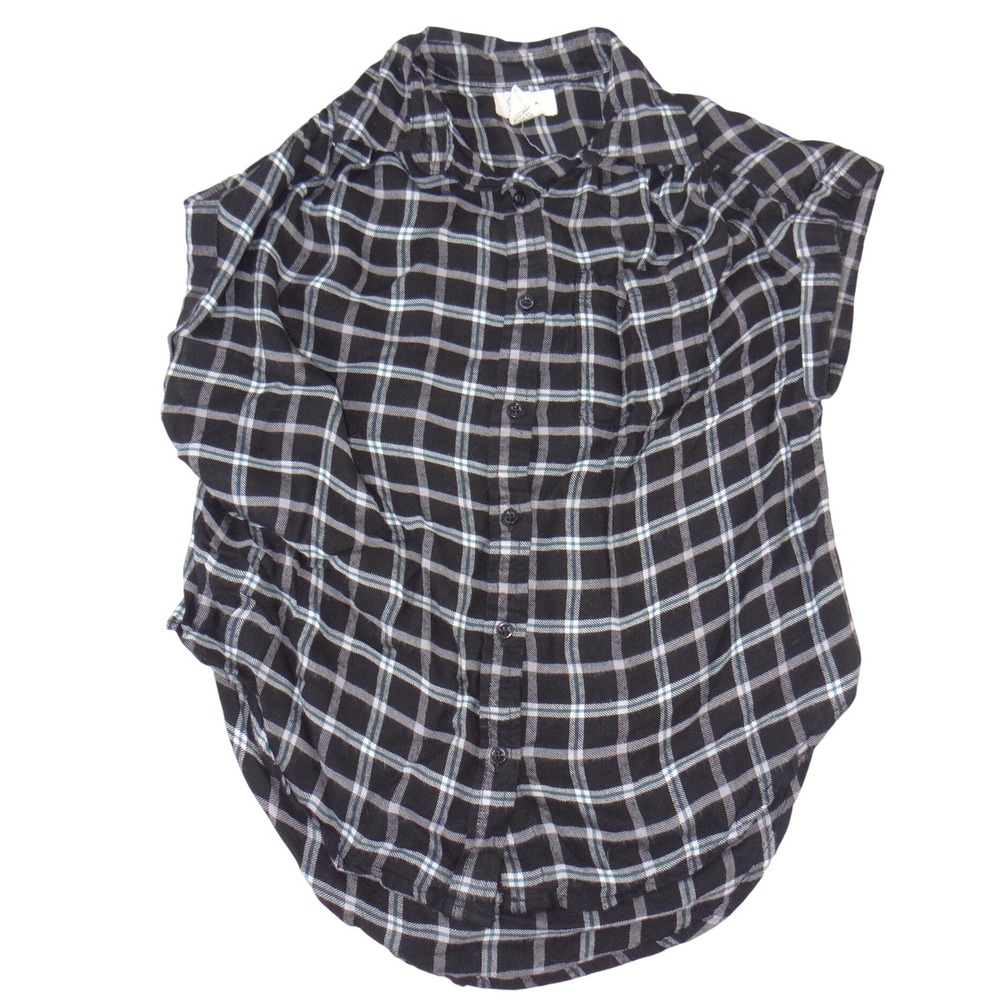 Japan Womens Plaid Button Down Shirt Black White Blue Rayon Short Sleeve XS 3244